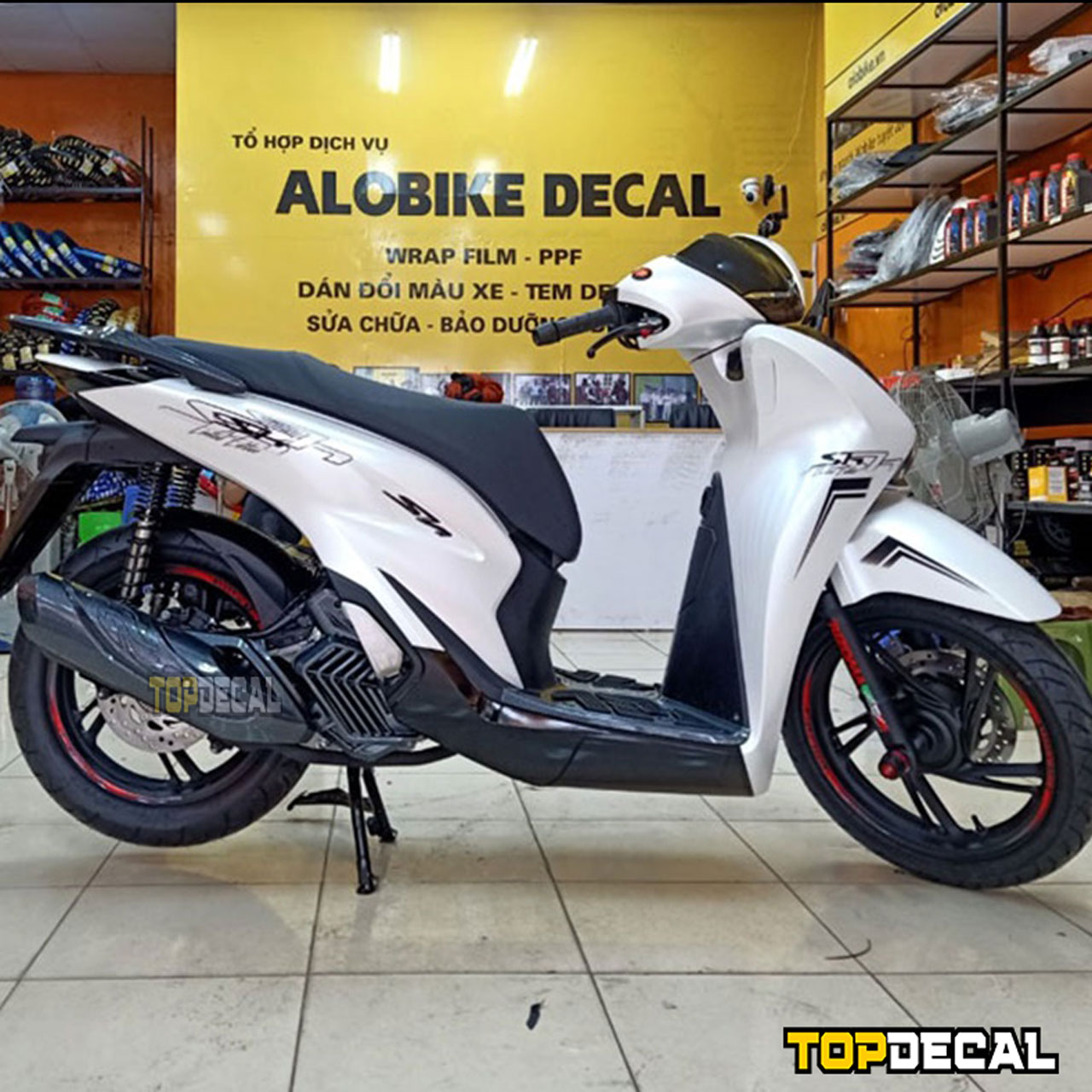 dán decal xe máy sh màu trắng 
