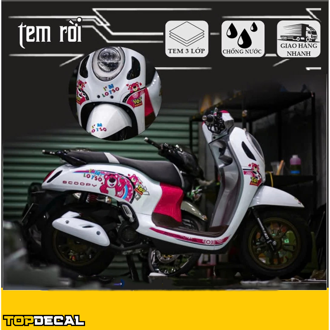 dán decal xe scoopy gấu dâu đáng yêu
