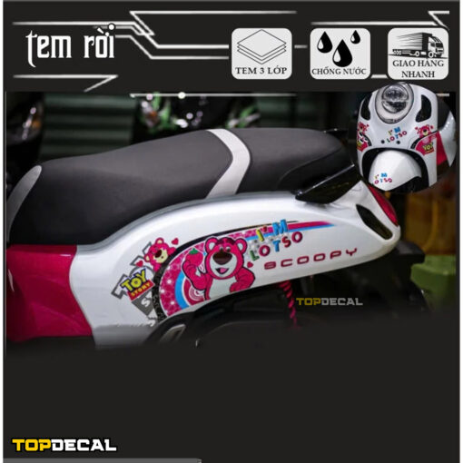 dán decal xe scoopy gấu dâu dễ thương